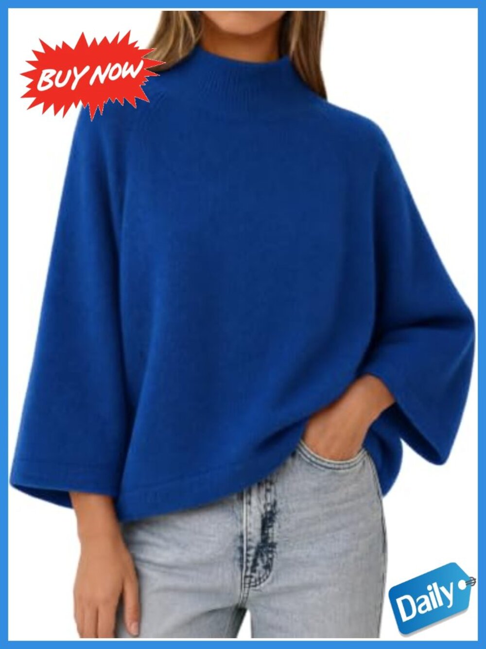 Womens 3/4 Bell Sleeve Mock Neck Oversized Knit Sweater Pullover